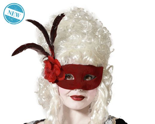 Antifaz Con Flor Y Pluma Flocado Rojo 83348