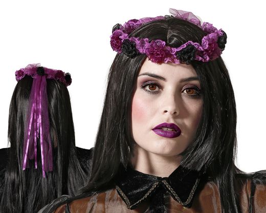 Corona Halloween Flores Negro/Morado