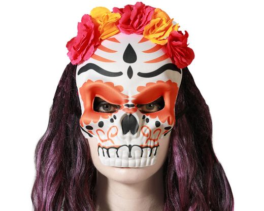 Mascara Halloween Muerte Mexicana Naranja - Morado