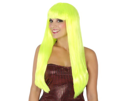 Peluca Lisa Larga 60Cm Con Flequillo Amarillo Fluorescente 120G