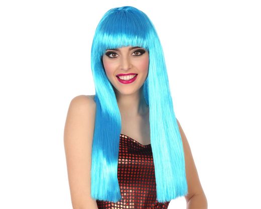 Peluca Lisa Larga 60Cm Con Flequillo Azul 120G 83689