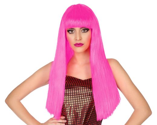 Peluca Lisa Larga 60Cm Con Flequillo Rosa 120G 83691