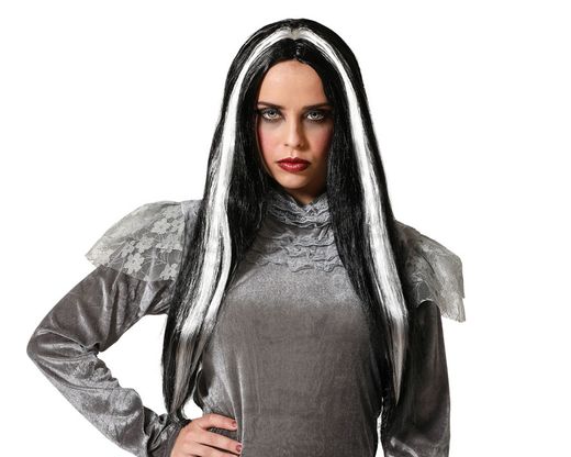 Peluca Lisa Larga 60Cm Vampiresa Blanco/Negro 120G 80181