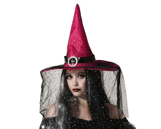 Sombrero De Bruja Con Velo Fucsia