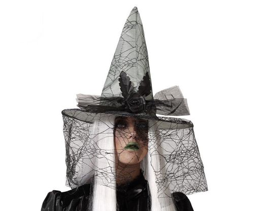 Sombrero De Bruja Con Velo Gris