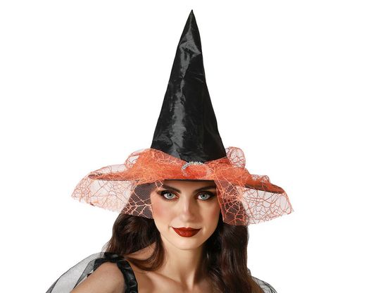 Sombrero De Bruja Con Velo Naranja