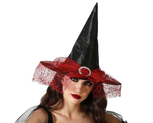 Sombrero De Bruja Con Velo Rojo